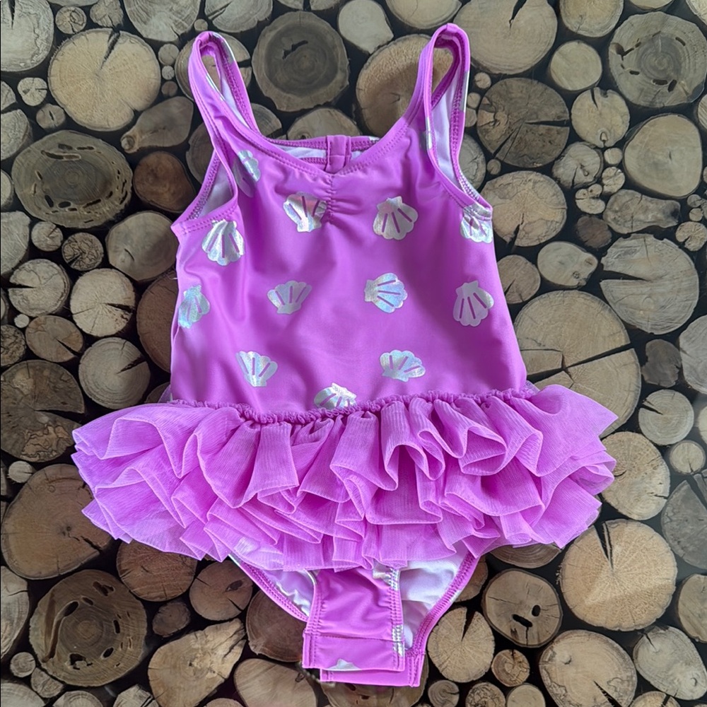 Cat & Jack Purple Ruffled Shell Print Swimsuit. 4T